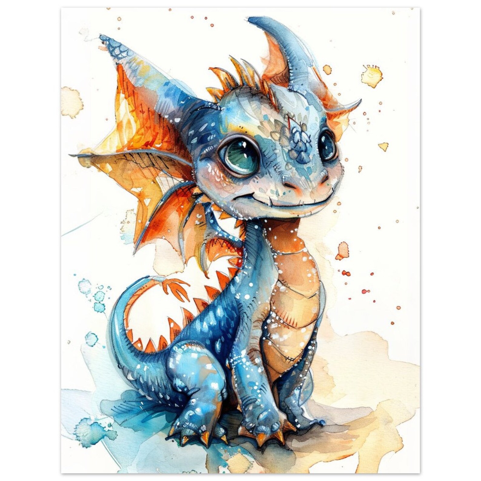 Watercolor Blue Baby Dragon Nursery Art Colorful Dragon Print Animal ...