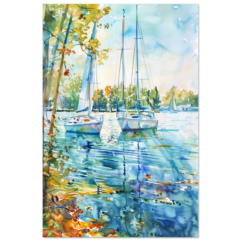 Lake Minnetonka Art Watercolor Print Peaceful Lake Sailboats Autumn Scene Wall Art Home Decor for Lake House Cabin Decor