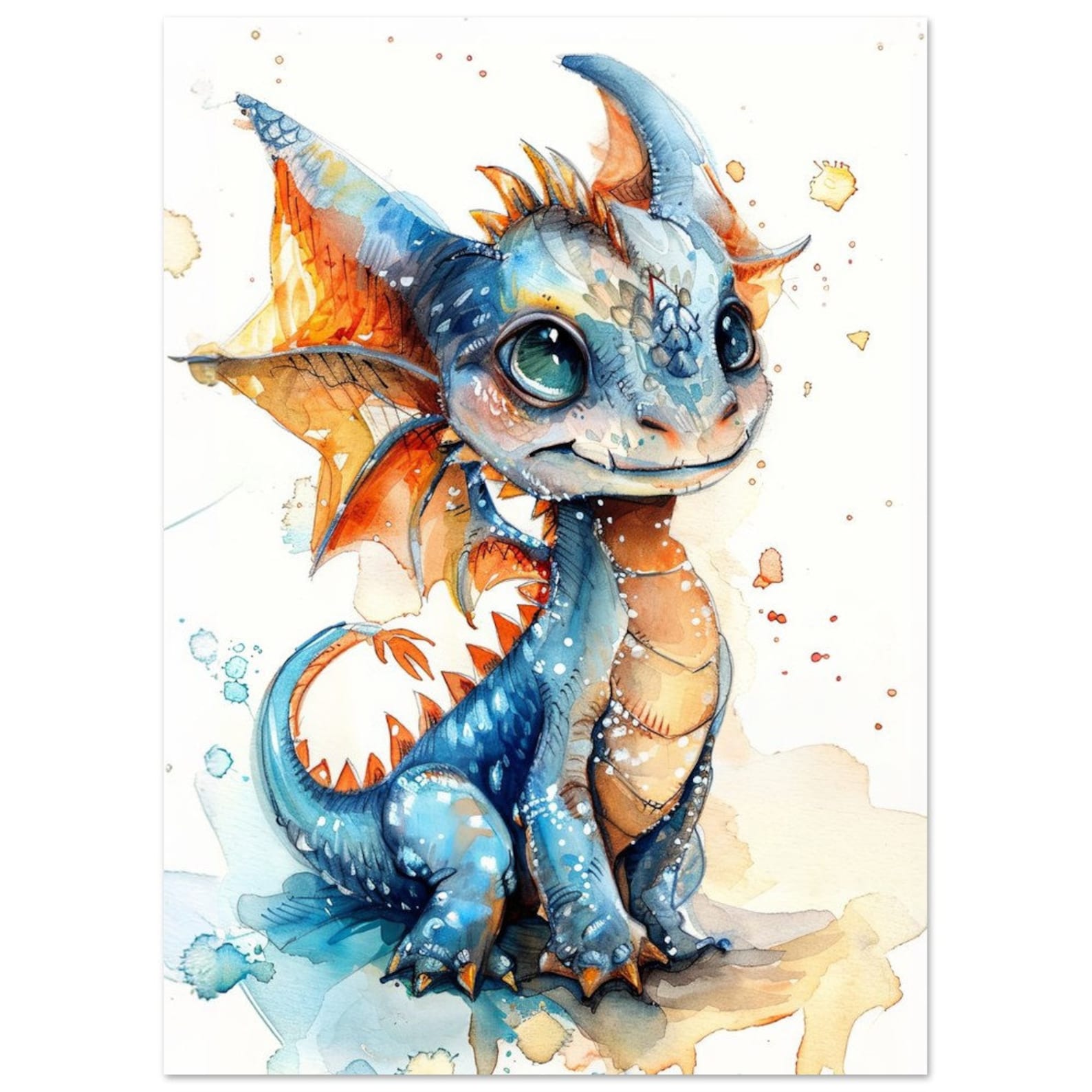 Watercolor Blue Baby Dragon Nursery Art Colorful Dragon Print Animal ...