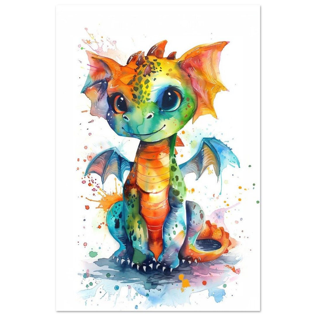 Watercolor Baby Dragon Nursery Art Colorful Dragon Print Animal Wall ...