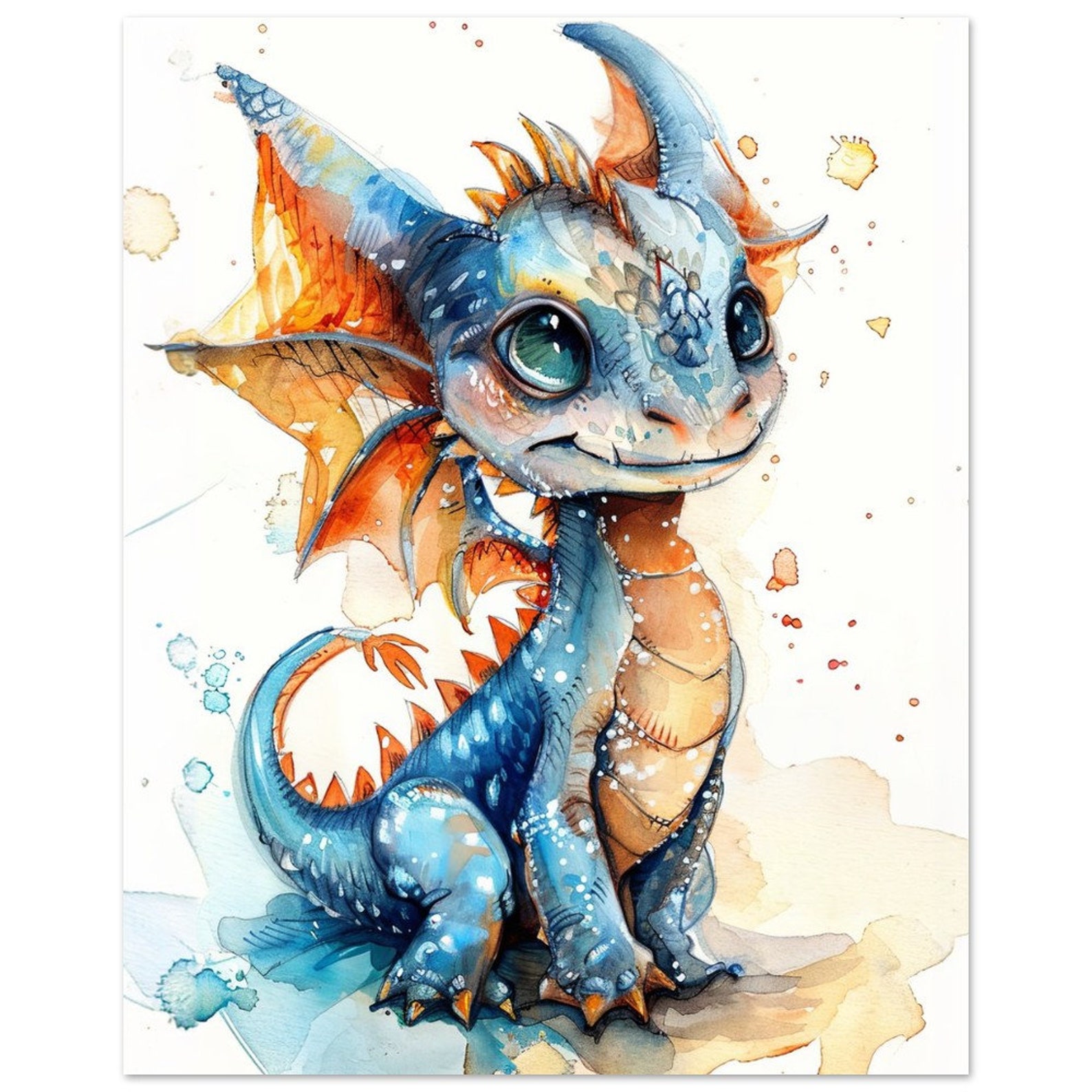 Watercolor Blue Baby Dragon Nursery Art Colorful Dragon Print Animal ...
