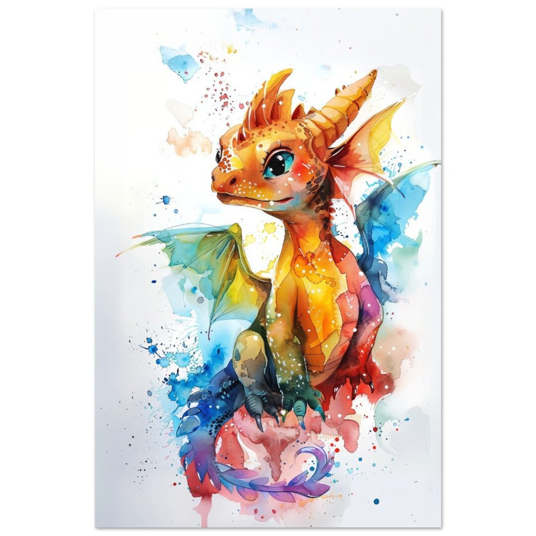 Watercolor Sitting Baby Dragon Nursery Art Colorful Dragon Print Animal ...
