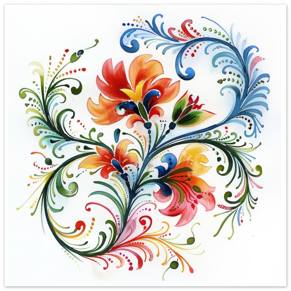 Scandinavian rosemaling watercolor art print - norwegian folk art,  traditional floral design, wall decor - etsy
