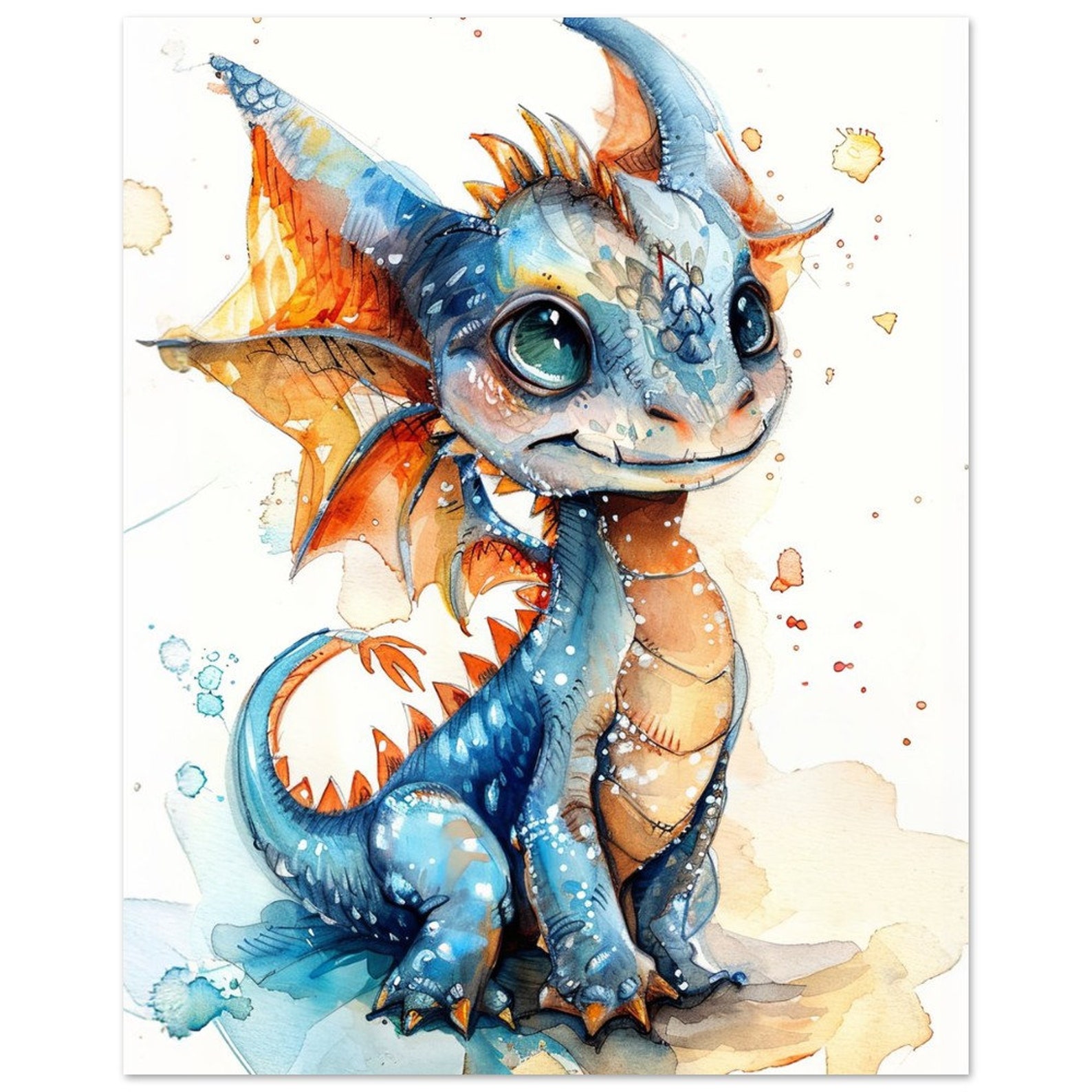 Watercolor Blue Baby Dragon Nursery Art Colorful Dragon Print Animal ...