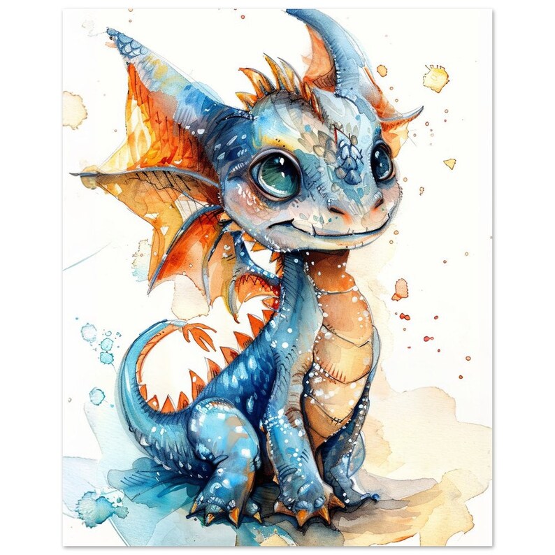 Watercolor Blue Baby Dragon Nursery Art Colorful Dragon Print Animal ...
