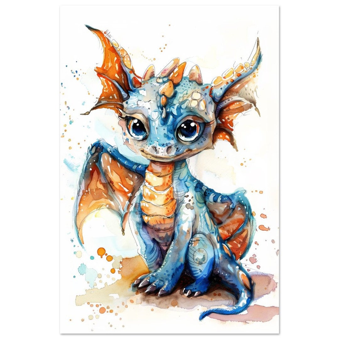 Watercolor Baby Dragon With Wings Nursery Art Colorful Dragon Print ...