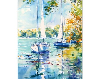 Lake Minnetonka Art Sailboats Watercolor Print Minnesota Lake Scene Wall Art Cabin Decor Lakeside Home Decor