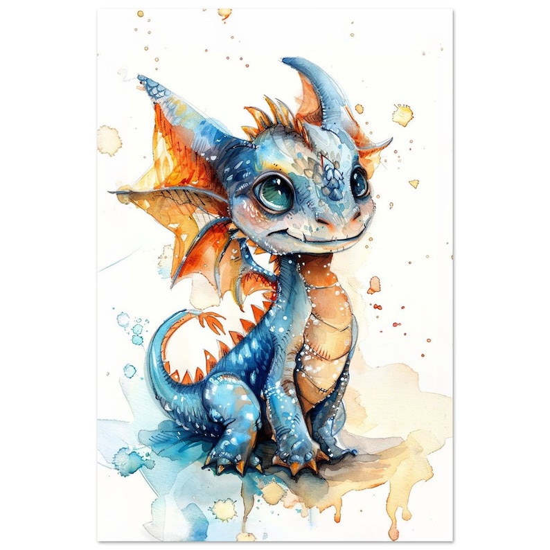 Watercolor Blue Baby Dragon Nursery Art Colorful Dragon Print Animal ...