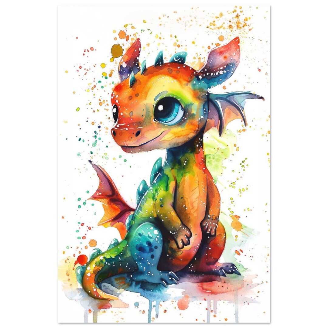 Watercolor Smiling Baby Dragon Nursery Art Colorful Dragon Print Animal ...