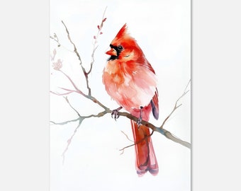May include: A watercolor painting of a red cardinal perched on a branch. The bird is facing to the left and has a bright red body with a black beak. The background is a white watercolor wash.