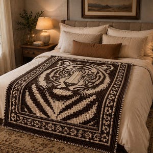 May include: A rectangular crochet blanket featuring a large, detailed tiger face in the center, rendered in dark brown and cream yarn. The design includes a geometric border pattern and is draped over a bed with neutral-colored bedding.