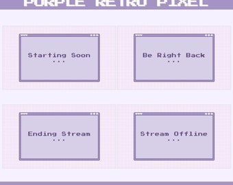 Animated stream screens purple retro pixel twitch screens purple obs twitch scenes animated twitch starting soon purple pixel twitch overlay