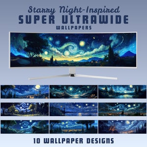 Starry night inspired super ultrawide wallpaper desktop wallpaper desktop background dark wallpaper whimsical wallpaper lofi pc wallpaper