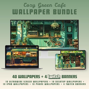 Gezellig groen café-behangbundel lofi bureaubladbehang ultrabreedbehang twitch banner ipad-behang iphone-behang macbook-behang