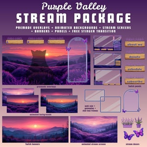 Purple animated twitch stream package cute animated twitch overlays purple overlay twitch package stream pack stream overlay vtuber overlay