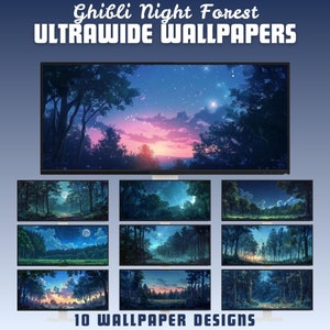 Fondo de pantalla ultraancho de bosque nocturno de Ghibli, fondo de pantalla de escritorio de Ghibli, fondo de pantalla de anime, fondo de pantalla caprichoso, fondo de pantalla de bosque