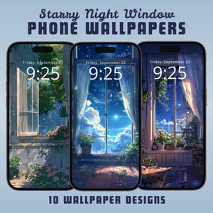 Fondo de pantalla para móvil con ventana de noche estrellada, fondo de pantalla lofi para iPhone y Android, fondo de pantalla de anime, fondo de pantalla caprichoso, descarga de fondo de pantalla para iPhone