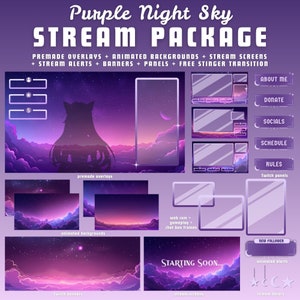 Paquete de transmisión de Twitch morado animado, superposición de Twitch morado, paquete de Twitch, fondo animado, superposición de transmisión lofi, superposición de obs morado