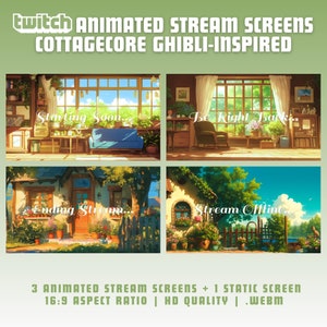 Puede incluir: Cuatro pantallas de transmisión animadas inspiradas en Studio Ghibli, con una estética cottagecore. Las pantallas representan una sala de estar acogedora, un porche soleado, una cabaña con un jardín y una cabaña con vista a un lago. El texto en las pantallas dice "Starting Soon...", "Be Right Back", "Ending Stream...", y "Stream Offline...".