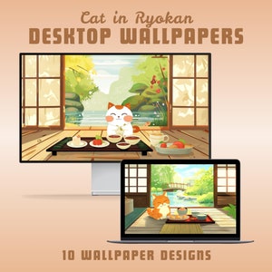 Papier peint chat dans un ryokan papier peint d&#39;ordinateur portable papier peint macbook papier peint chat fond d&#39;écran fond d&#39;écran kawaii papier peint fantaisiste