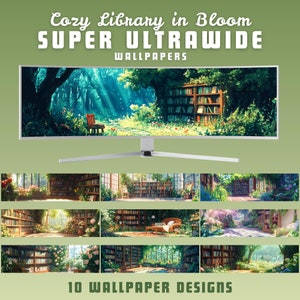 Cozy library super ultrawide wallpaper ghibli wallpaper cozy desktop wallpaper green wallpaper forest pc wallpaper lofi desktop background