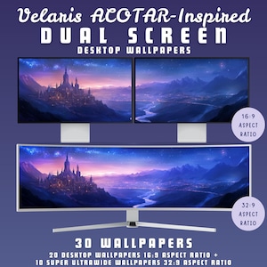 Puede incluir: Un conjunto de 30 fondos de pantalla digitales para escritorio inspirados en la serie de libros A Court of Thorns and Roses. Los fondos de pantalla presentan una ciudad de fantasía con un río que la atraviesa, sobre un fondo de cielo nocturno estrellado. El conjunto incluye 20 fondos de pantalla con una relación de aspecto 16:9 y 10 fondos de pantalla con una relación de aspecto 32:9.