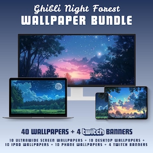 Ghibli nacht bos behang bundel bureaubladachtergrond lofi macbook behang ultrabreed behang ipad iphone behang anime twitch banner