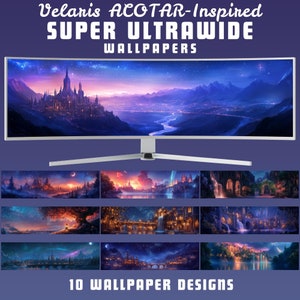 May include: A collection of 10 fantasy-themed digital wallpapers inspired by the book series A Court of Thorns and Roses. The wallpapers feature a variety of scenes, including a castle, a forest, and a river. The wallpapers are designed for ultrawide monitors.