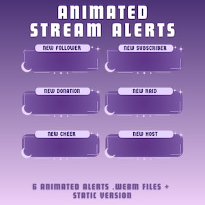 6x purple night animated alerts twitch animated alerts animated stream alerts twitch alerts twitch widgets streamlabs obs stream alerts