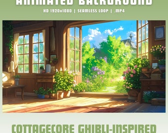 Arrière-plan animé cottagecore vtuber, superposition de contractions musculaires, superposition d'obs, superposition de contractions confortables, fond de flux inspiré du studio ghibli