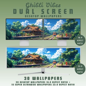 以下が含まれることがあります： 2 台のコンピューターモニターには、ジブリ風のデスクトップ壁紙が表示されています。 上部のモニターには駅のシーンが表示され、下のモニターには同じシーンのより広いビューが表示されます。 テキストは「Ghibli Vibes Dual Screen Desktop Wallpapers」と「30 Wallpapers」です。
