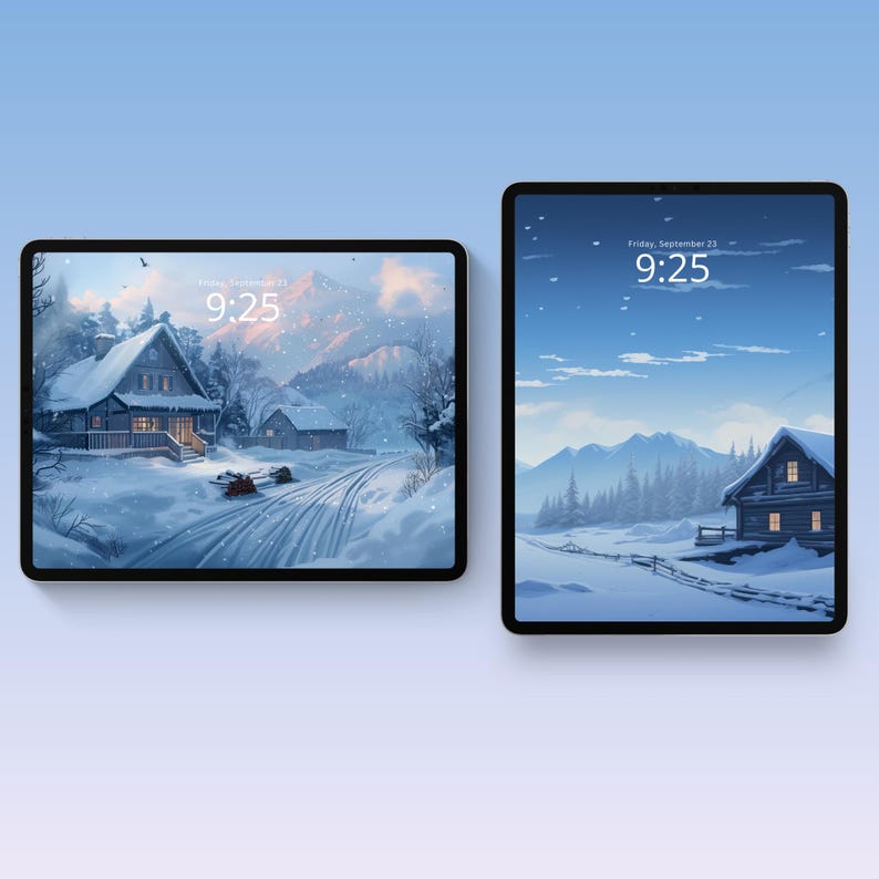 Winter collection of wallpapers featuring serene snowy landscapes, frosty forests and cozy cabins. Each wallpaper captures the peaceful and cold beauty of the winter season, with cool tones of blue, white, and gray.