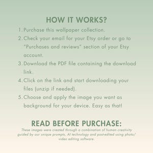A green and white text graphic with the title "HOW IT WORKS?" and a numbered list of instructions for downloading digital wallpaper. The text also includes "READ BEFORE PURCHASE" and a description of how the images were created.