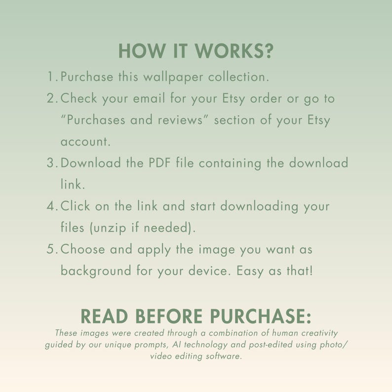 A green and white text graphic with the title "HOW IT WORKS?" and a numbered list of instructions for downloading digital wallpaper. The text also includes "READ BEFORE PURCHASE" and a description of how the images were created.