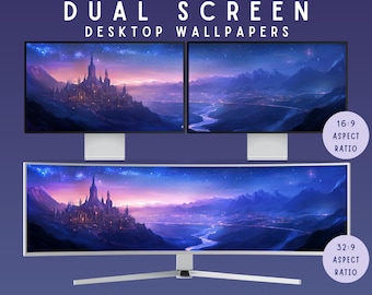 Fondo de pantalla de escritorio de doble pantalla inspirado en Velaris acotar, fondo de pantalla de la ciudad de la luz de las estrellas, fondo de pantalla de doble monitor acotar, fondo de pantalla súper ultra ancho