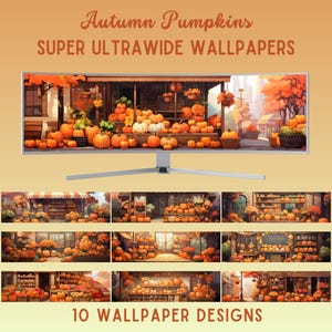 Autumn pumpkins super ultrawide wallpaper autumn wallpaper desktop wallpaper fall wallpaper halloween pc wallpaper lofi desktop background