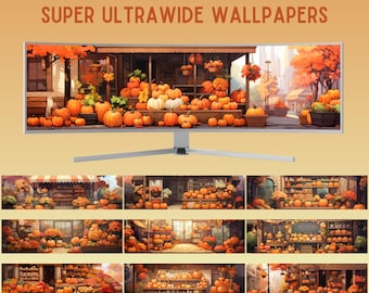 Autumn pumpkins super ultrawide wallpaper autumn wallpaper desktop wallpaper fall wallpaper halloween pc wallpaper lofi desktop background