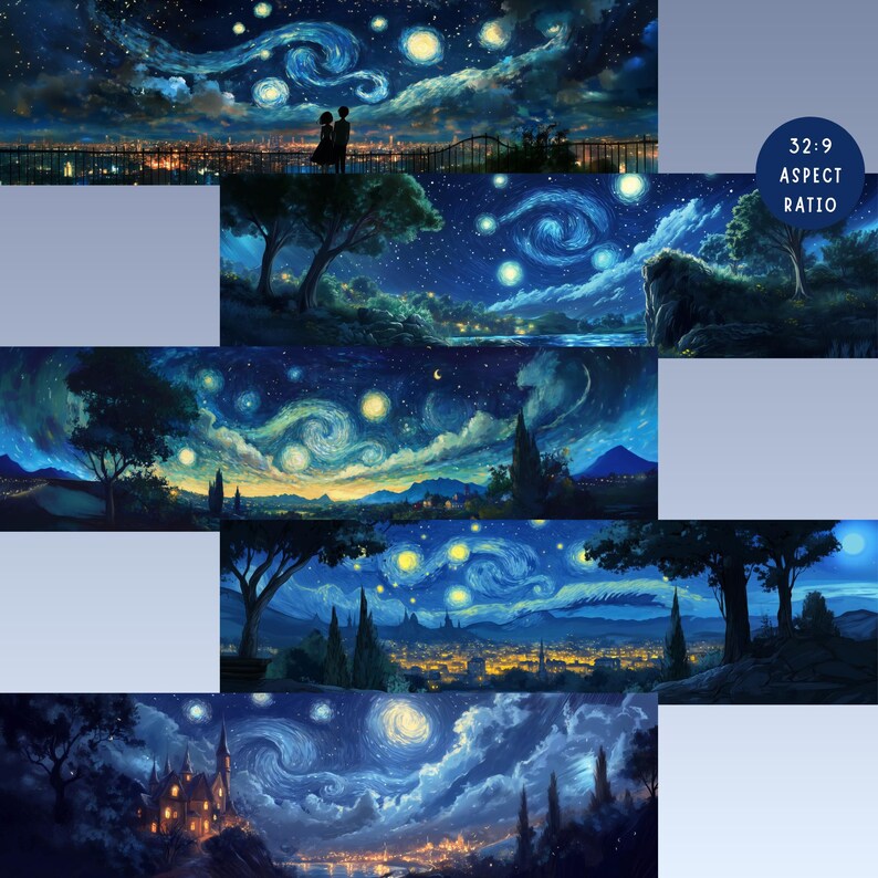 May include: A collection of digital art prints depicting a starry night scene with swirling clouds and bright stars. The artwork features a couple silhouetted against a cityscape, and other landscapes with trees and buildings. The color palette is dominated by blues, yellows, and oranges.