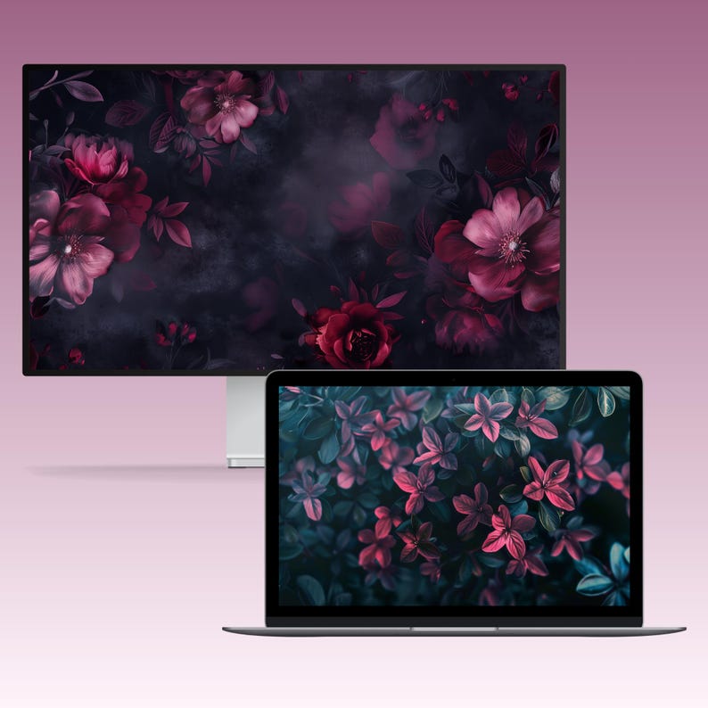 A set of dark, moody floral desktop wallpapers featuring richly detailed blossoms in deep, dramatic tones. The collection includes close-up compositions of roses, anemones, and layered petals in shades of crimson, blush pink, ivory, and cool blue, set against shadowy foliage. Soft lighting and subtle highlights create a cinematic, almost velvety texture, with hints of mist and glow adding depth and atmosphere.