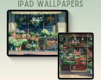 Papel de parede para iPad com floricultura, fundo lofi para iPad, papel de parede para tablet inspirado no Studio Ghibli, papel de parede de anime, papel de parede lúdico, papel de parede de flores.