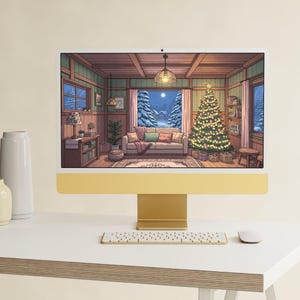 cozy Christmas-themed desktop wallpapers featuring warm, hand-drawn style interiors decorated with pastel holiday decors, Christmas trees, and softly glowing lights