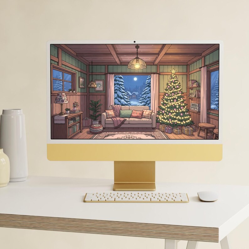 cozy Christmas-themed desktop wallpapers featuring warm, hand-drawn style interiors decorated with pastel holiday decors, Christmas trees, and softly glowing lights