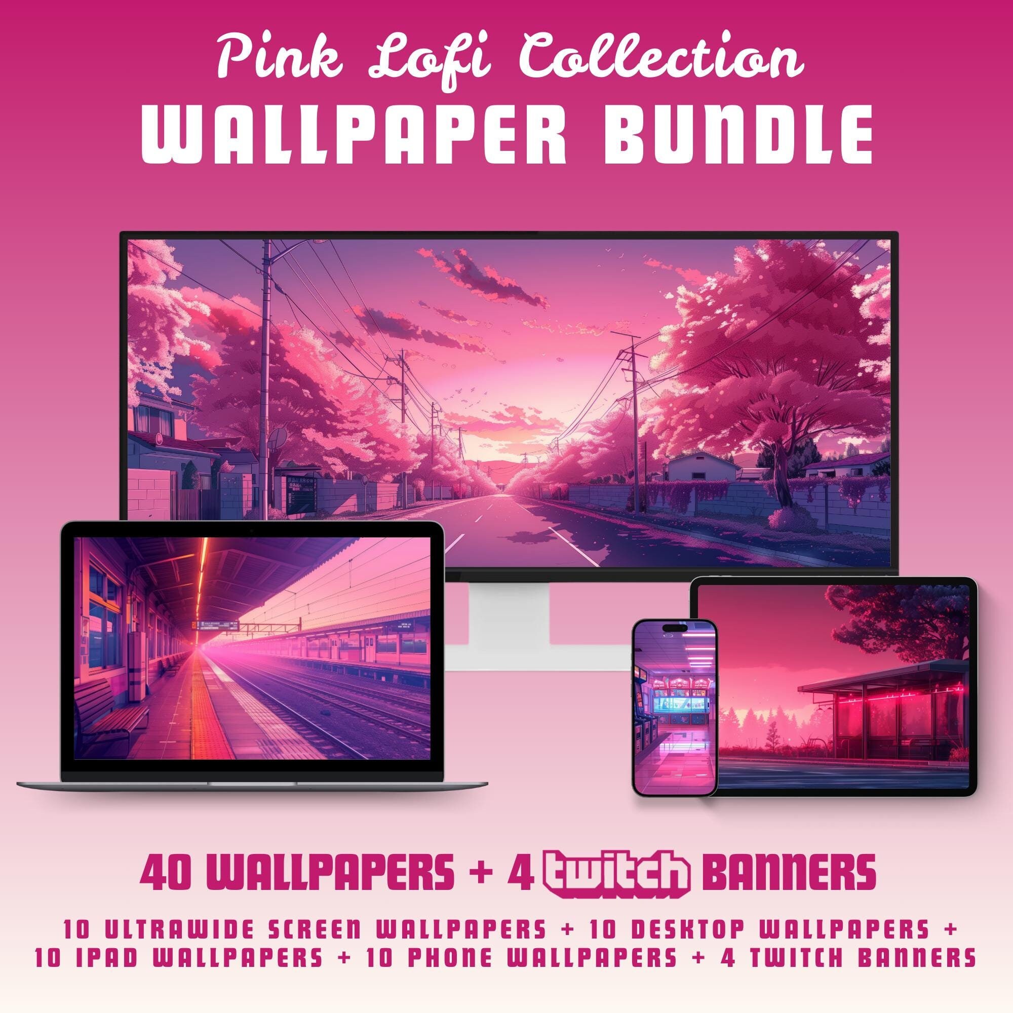 Pink Lofi Wallpaper Bundle, Anime Desktop Backgrounds (digital Download ...