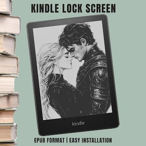 May include: A black Kindle e-reader displaying a black and white illustration of a couple. The text "KINDLE LOCK SCREEN" is at the top, and "EPUB FORMAT | EASY INSTALLATION" is at the bottom. A stack of books is on the left.