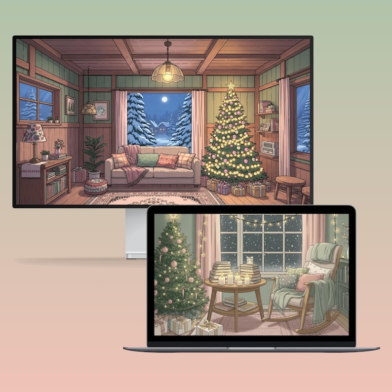 cozy Christmas-themed desktop wallpapers featuring warm, hand-drawn style interiors decorated with pastel holiday decors, Christmas trees, and softly glowing lights