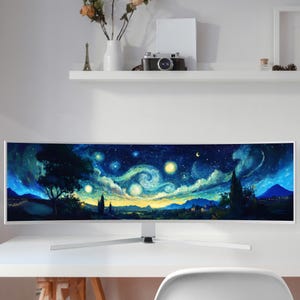 May include: A curved computer monitor displaying a vibrant painting of a starry night sky with swirling clouds, a crescent moon, and a village. The monitor has a white frame and stand, set on a white desk.