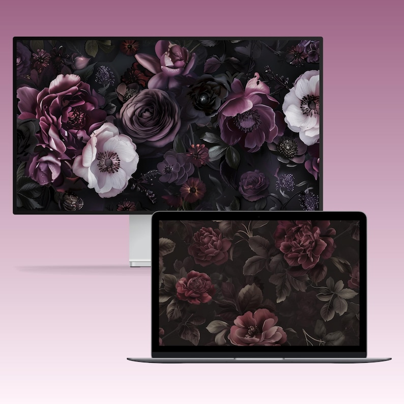 A set of dark, moody floral desktop wallpapers featuring richly detailed blossoms in deep, dramatic tones. The collection includes close-up compositions of roses, anemones, and layered petals in shades of crimson, blush pink, ivory, and cool blue, set against shadowy foliage. Soft lighting and subtle highlights create a cinematic, almost velvety texture, with hints of mist and glow adding depth and atmosphere.