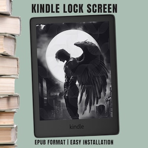 May include: A Kindle e-reader displays a grayscale image of a figure with large wings in front of a full moon. The text "KINDLE LOCK SCREEN" is at the top, and "EPUB FORMAT | EASY INSTALLATION" is at the bottom. A stack of books is on the left.