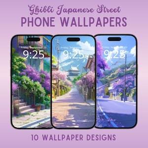 May include: Three smartphone screens displaying Ghibli-style Japanese street phone wallpapers. Each screen shows a different street scene with vibrant colors and the time 9:25. The text "Ghibli Japanese Street PHONE WALLPAPERS" and "10 WALLPAPER DESIGNS" are also visible.