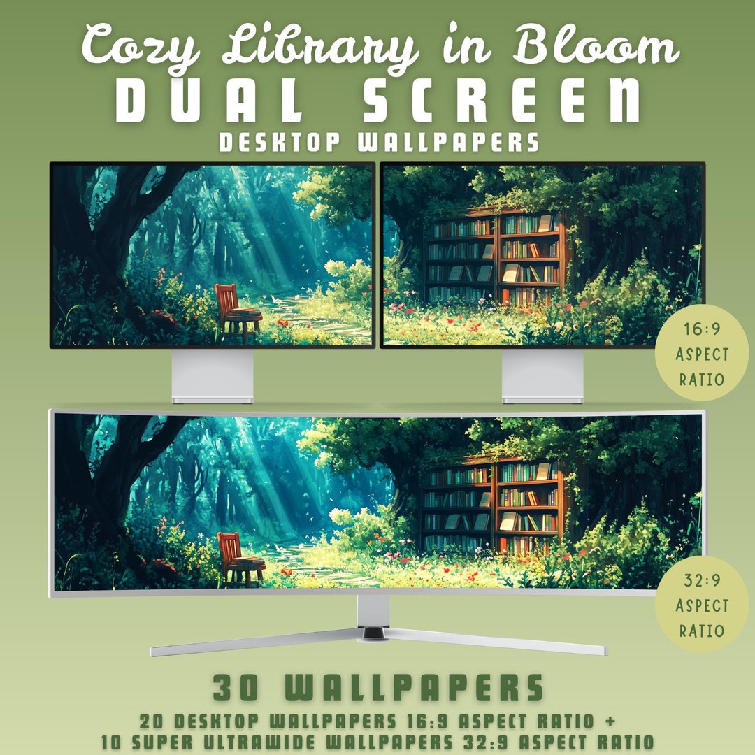 Cozy Library Dual Screen Desktop Wallpaper Anime Wallpaper Cozy Dual ...